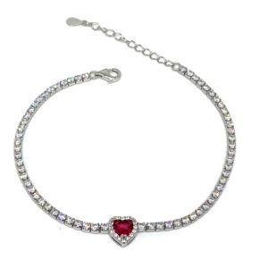 Bracciale Tennis in Argento con Cuore in Cristallo Rosso Rubino