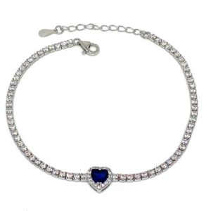Bracciale Tennis in Argento con Cuore in Cristallo Blu Zaffiro