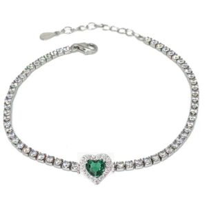 Bracciale Tennis in Argento con Cuore in Cristallo Verde Smeraldo